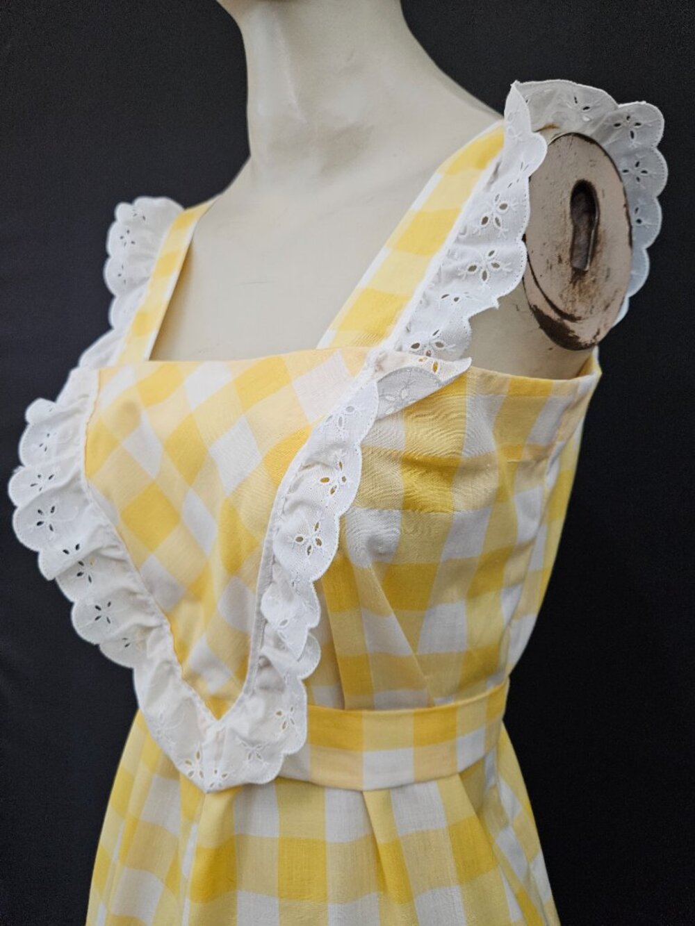 60s/70s Yellow Gingham Ruffled Trim Maxi Dress - Picture 5 of 15